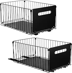 2 Pcs Pull Out Cabinet Organizer, Heavy-Duty Carbon Steel Storage Basket with Smooth Sliding Rails, Slide Out Drawers for Kitchen, Bathroom, Living Room, Black
