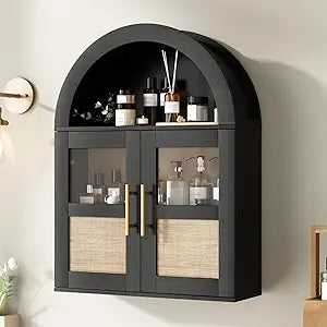 RUSTOWN Arched Bathroom Wall Cabinet, Rattan Medicine Cabinet with 2 Glass Doors, Farmhouse Over the Toilet Storage Cabinets with Adjustable Shelves, 3-Tier Wall Mounted Cabinets