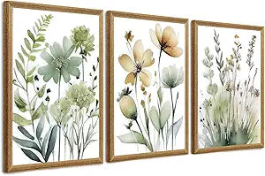 SYWENNOI Wood Framed Green Botanical Canvas Wall Art, Boho Floral Watercolor Art Wall Decor, Minimalist Flower Pictures Poster Prints for Bedroom Bathroom Living Room Ready to Hang 16x24 Inches