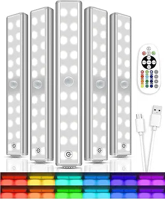 Under Cabinet Lighting,48LED RGB Rechargeable Under Cabinet Lights with Remote,Dimmable & 15 Color Temps,Magnetic Closet Light Bar,Wireless Under Counter Lights for Kitchen,Car,Shelf(5 Pack)