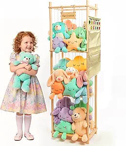 54-Inch Tall Stuffed Animal Storage Organizer - Premium Wooden Plush Toy Holder Zoo, Large Toy Storage Tower with Elastic Rope & Side Storage Bag for Kids Room, Nursery, Playroom, Corner (Sprinoak)