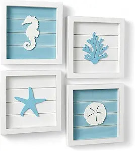 Tide and Tales Coastal Wall Art (Framed Set of 4) Beach Bathroom Wall Decor with Starfish, Seahorse, Sand Dollar and Coral - Ocean Theme Turquoise Room Decor - Seashell Beach Decorations for Home 7" x 7"