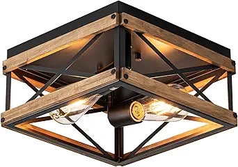Mayful Black Farmhouse Flush Mount Ceiling Light Fixturet, 2-Light Rustic Hallway Light Fixtures with Wood & Metal Frame, Industrial Close to Ceiling Light Fixtures for Kitchen Entryway Foyer