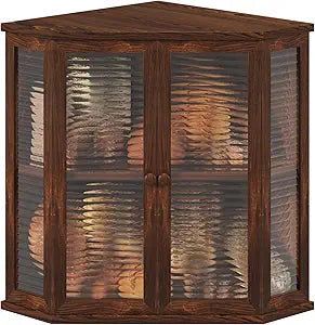 Extra Large Corner Bread Box for Kitchen Countertop, 16.5 Inch Charred Pine 2-Tier Breadbox with Glass Wavy Door Panel, Vintage Farmhouse Style Wood Design (Pine Wood)