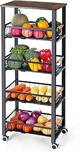 Mythinglogic 5-Tier Rolling Fruit Vegetable Storage Cart with Pull-Out Baskets, Metal Kitchen Organizer, Heavy Duty Utility Rack with Wheels for Pantry, Living Room, Kitchen