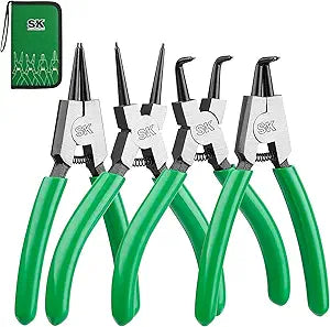 SK 4-Piece Snap Ring Pliers Set, 5-Inch Internal/External Circlip Pliers with Straight/Bent Jaw, 0.035'' Precision Tip Diameter, Premium CR-V Steel, with Zipper Pouch