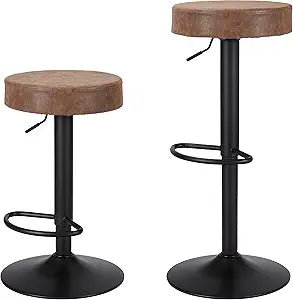 Finnhomy Bar Stools Set of 2 Counter Height, Swivel Barstools with Footrest and Backless Round, Height Adjustable Modern Bar stools for Kitchen, Vintage Leather, Retro Brown