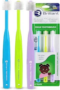 Brilliant Oral Care Child Toothbrush with Soft Bristles and Round Head, for a Kid Approved, Easy to Use All-Around Clean Mouth, Ages 2-5 Years, Sky Blue Lime Lilac, 3 Pack