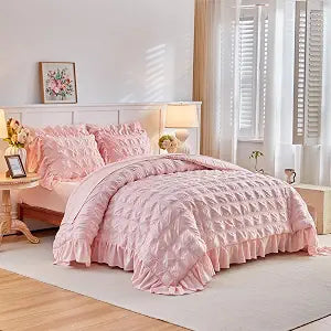 Flysheep Blush Pink Plaid Seersucker Duvet Cover Set with Wide Ruffled Fringe Queen Size, 3 Pieces Soft Bedding Set for All Season, Queen Farmhouse Bed Set with Ruffle Shams (Blush Pink, Queen)