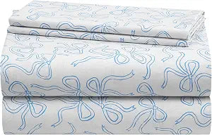 Urban Lifestyle 4-Piece Full Sheet Set,Coquette Bow Design in Baby Blue, Includes Fitted Sheet, Flat Sheet & 2 Pillowcases,Soft & Stylish Bedding for Girls and Teens