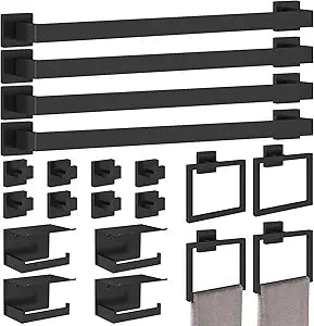 STWWO 20-Pieces Matte Black Bathroom Hardware Set, 24 Inch Bath Towel Bar Set, Stainless Steel Towel Racks for Bathroom Wall Mounted