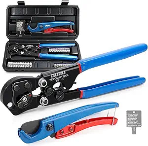 2 IN 1 Ratchet Pex Crimping Tool Cinch and Remove Combo Function Pex Pipe Crimp Tool from 3/8" to 1" Pex Crimper with Pex Cutter and Stainless Steel Pex Clamps 1/2" 25PCS, 3/4" 10PCS in Plastic Box