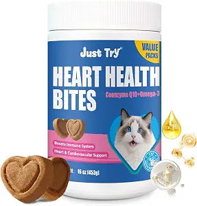 Just Try Coenzyme Q10 Heart Heathy Bites for Cats Value Packs - Advanced Coq10 & Taurine Supplement for Feline Heart Health - Chicken Flavored Chews - Supports Heart Function -16 OZ