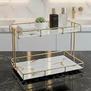 2-Tier White Marble Bathroom Countertop Organizer  Glass Shelves & Gold Metal Frame, Elegant Vanity Storage Shelf for Perfume, Skincare, Makeup & Toiletries