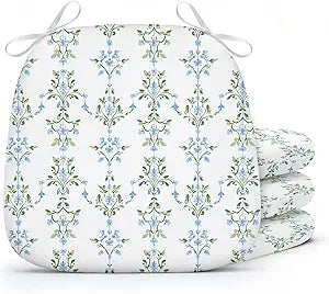 4 Pack Grandmillenial Chair Cushions for Dining Chairs 17" x 16" x 2" D-Shaped Breathable Blue and White Floral Linen Kitchen Chair Pads with Ties Washable Non Slip Seat Cushion
