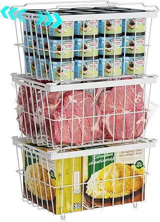GSlife Deep Freezer Organizer Bins, 3 Pack Expandable Freezer Baskets for 5 to 7 Cu.ft Chest Freezers, Stackable Metal Wire Storage Bins with Handles Easy Access Food, Scratch Resistant, White
