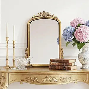 Vintage Arched Wall Mirror, Ornate Baroque Decorative Frame, Distressed Antique Gold Finish, Wall Mounted Mirror for Bathroom Vanity Bedroom Living Room (30 x 22 Inch)