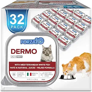 Forza10 - Cat Food, Actiwet Dermo Wet Cat Food, Non GMO, Vet-Approved for Sensitive Stomach and Skin with Support for Feline Dermatitis, Salmon Flavor, (3.5 oz, 32 Pack)
