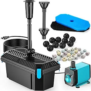 POPOSOAP Pond Filter with Pump Fountain Kits, 660GPH Pond Filter with 40W Pond Pump & Fountain Kit, Koi Pond Filters for Outdoor Ponds Clean, Clear, and Add Water Features(Corded Electric)