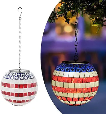 American Flag Solar Hanging Lanterns Outdoor Waterproof Glass Mosaic Gazing Ball Globe Hanging Lantern Lights for Patio Garden Yard Home Decor (Red)