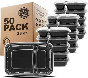 Freshware Meal Prep Containers with Lids 28 oz [50 Pack] 2-Compartment Food Storage Containers, Bento Box Lunch Containers, BPA Free, Airtight, Stackable, Reusable, Microwave/Dishwasher/Freezer Safe