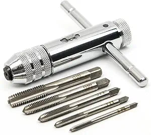 Adjustable Silver T-Handle Ratchet Tap Holder Wrench with 5pcs M3-M8 3mm-8mm Machine Screw Thread Metric Plug T-shaped Tap
