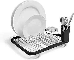 Umbra Sinkin Dish Drying Rack  Drainer Caddy with Removable Cutlery Holder  Use in Sink or On Counter, Standard, Black/Nickel