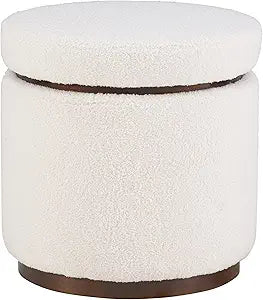 Linon Lexington Natural Sherpa Round Storage Ottoman with Wood Accent