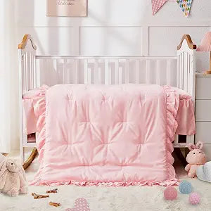 Crib Bedding Set for Girls, 3 Piece Ruffle Baby Boho Quilted Comforter with Fitted Sheet and Bed Skirt, Soft Breathable Bedding Double Ruffle Design, Pink