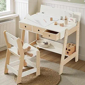 Giant bean Kids Wooden Table and Chair Set, Study Desk and Chair Set with Storage Drawer, White Learning Table with Cabinets for Boys and Girls Ages 3-12 Years,Suitable for Classroom,Home,Playroom