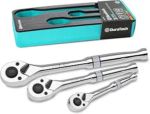 DURATECH 3-Piece Drive Ratchet, 1/4", 3/8", 1/2" 90-Tooth Quick-release Ratchet Wrench, Reversible, Cr-V Made, Full Polished, Mens Stocking Stuffers Gifts for Men Gifts for Women