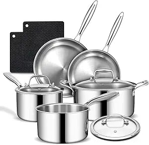 3 Ply Stainless Steel Cookware Set, AIVIKI 10-Pieces Pots and Pans Set, Induction Kitchen Cookware Set, Oven Safe to 500, Chef Quality Cooking Set w/Fry Pans, Saucepans, Dutch Oven, Kitchen Essential
