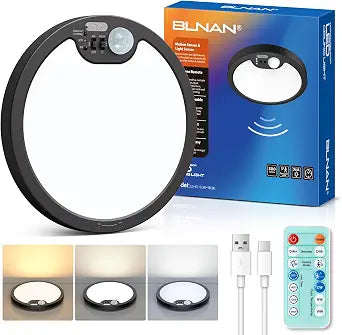 Rechargeable Motion Sensor Light Indoor, Cordless Battery Operated Ceiling Light with Remote, 7000mAh Magnetic Mount LED Shower Light for Closet Pantry Shed Stair Hallway, Black