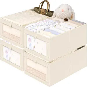 Criusia Closet Organizers and Storage, 4 Pack Linen Closet Baskets with Mesh Window for Organization, Foldable Closet Organizer for Clothing, Towels, Toys, Nursery, Books, Shelves, Beige