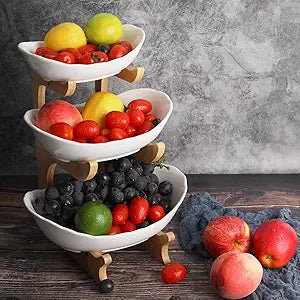 SEVEN SPARTA Fruit Bowl for Kitchen Counter - 3 Tier Ceramic Serving Bowls with Bamboo Stand, Tiered Fruit Basket for Fruit Vegetable Storage, Cake, Dessert, Nuts, Snack, Salad (Dishwasher safe)