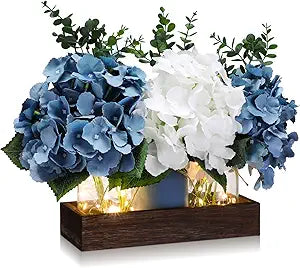 Suncalla 3 Pcs Hydrangea Centerpiece for Table Blue and White Artificial Hydrangea Flowers Mason Jar Table Decor with Eucalyptus Stems Wood Tray and LED Light for Summer Dining Kitchen Bathroom Coffee