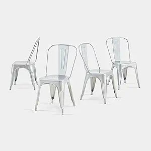 AC Pacific 18 Inch Seat Height Industrial Metal Dining Chairs, Stackable Kitchen or Bar Seat, Durable Modern Design, Versatile Accent Furniture, Set of 4, Silver