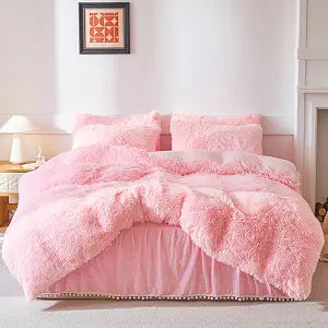 Fluffy Plush Pink Comforter Cover Set, Luxury Ultra Soft Faux Fur Duvet Cover 3 Pieces (1 Fuzzy Duvet Cover + 2 Shaggy Pillowcases), Zipper Closure (Queen, Pink)