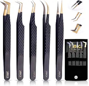 5 Pcs Fiber Tip Eyelash Extension Tweezers with Leather Case, Matt Black