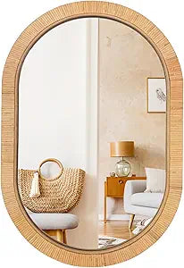 20x30 Oval Rattan Mirror for Wall, Boho Decorative Mirror for Bathroom Vanity, Farmhouse & Natural Home Decor for Bedroom, Living Room