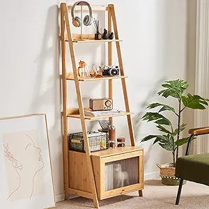 5-Tier Bamboo Ladder Bookshelf with Storage Cabinet Mid Century Modern Bookcase Rustic Accent Furniture Open Display Rack Shelf for Bedroom Living Room Home Office, Natural