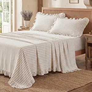 Ruffled Striped Queen Sheet Bed Set 4 Piece, Brushed Polyester Ruffled Pinstripe Bedding 6" Deep Pocket Fitted Sheet Pinstripe Bed Sheets with 2 Pillowcase, Beige Farmhouse Bedroom Decor