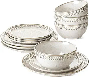 LE TAUCI Plates and Bowls Sets for 4, 12 Piece Ceramic Dinnerware Sets, Kitchen Stoneware Dish Set, Chip Resistant, Microwave & Dishwasher Safe, Reactive Glaze Beige (8"&10" Plate, 27oz Bowl)