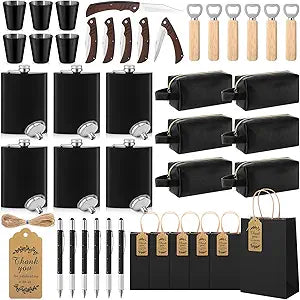 44 Pcs Baby Shower Game Prize for Men Winner with Gift Bag Flask PU Leather Toiletry Bag Multi Tool Pen Bottle Opener Folding Knife for Men Party Favor Wedding Groom Bachelor(Black)