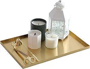 FREELOVE Gold Tray for Bathroom Vanity Brass Decor, Small Candle Holder, Rectangle Soap Dish, Brushed Square Plate, Coffee Table Toilet Back Modern Antique, 10''X15''