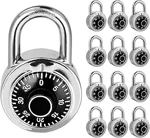 Combination Padlock 12 Pack, Fixed Dial Combination Padlock with Different Combinations, 2 in. Wide. Black Turntable, Lock for Gym & Locker, School, Toolbox, and More
