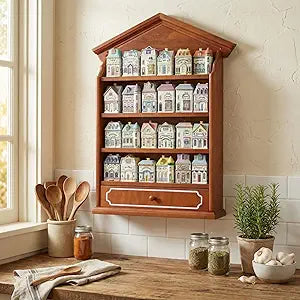 Chunful Vintage Spice Jar Wooden Rack with 4 Shelves and Drawer Hanging Spice Rack Wall Mounting Kitchen Storage Village Style Display Shelf for 24 Jars, Shelf Only(Classic)