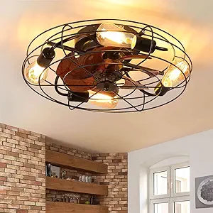 20" Caged Ceiling Fan with Light, Farmhouse Flush Mount Ceiling Fan with Remote and Reversible Motor, Low Profile Bladeless Lights Ceiling Fixtures for Bedroom, Kitchen, Dining Room-Black