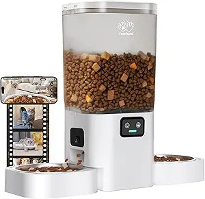 Frienhund Automatic Cat Feeder with Two 1080P Camera for 2 Cats: 7L Automatic Dog Feeder with Night Vision & Slow Feed, 5G WiFi Auto Cat Food Dispenser for Multiple Pet,Detachable for Clean(ACF180W-C)