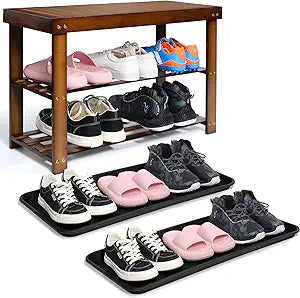 CroBlissful 3 Pcs Shoe Rack Bench Boot Trays Set 3 Tier Bamboo Bench and 2pcs Shoe Storage Organizer Trays for Entryway Bedroom Living Room Balcony